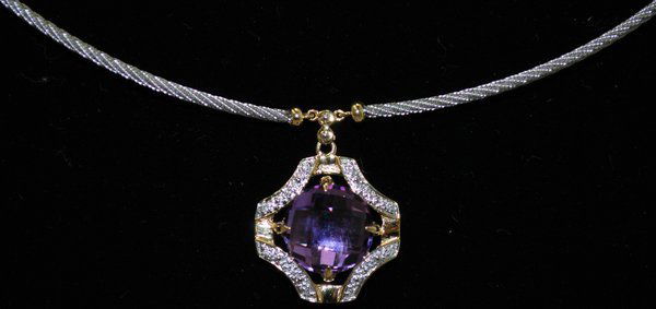 18KT W.G./SS PHILIPPE CHARRIOL CHOKER NEW: WITH AMETHYST AND ACCENT DIAMONDS CABLE STYLE