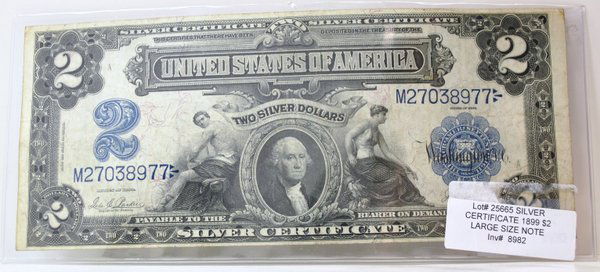 $2 OVERSIZED WASHINGTON BILL: TWO SILVER DOLLAR BILL CIRCA 1899