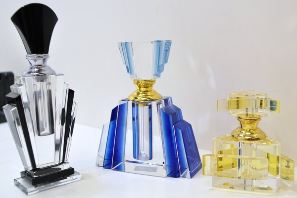 3 ART DECO PERFUME BOTTLES: ALL MINT CONDITION, PALE YELLOW, BLUE, AND BLACK.