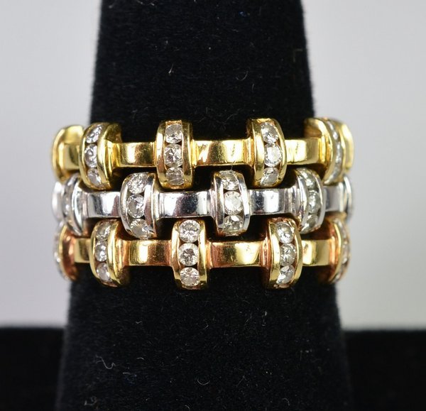 18KT TRI COLOR 2.00 CT DIAMOND STACK RIGNS: HAND MADE, HAS 3 BANDS THAT STACK IN P.G., Y.G. AND W.G. SET WITH APPROX 2.00CT TWT I-J COLOR, SI QUALITY CHANNEL SET DIAMONDS 15.9 GRAMS, RING SIZE 8.