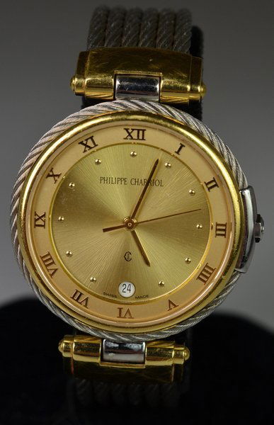 UNISEX S/S PHILIPPE CHARRIOL CABLE WATCH WITH DATE QUAR: MOVEMENT DEPLOYMENT BUCKLE 36MM CASE.