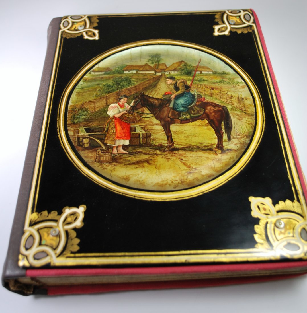 RUSSIAN ANTIQUE LAQUER COVER PHOTO ALBUM: LARGE RUSSIAN LAQUER PHOTO ALBUM, CIRCA LATE 19TH EARLY 20TH CENTURY. 12.5" X 9.5" X 2.5"