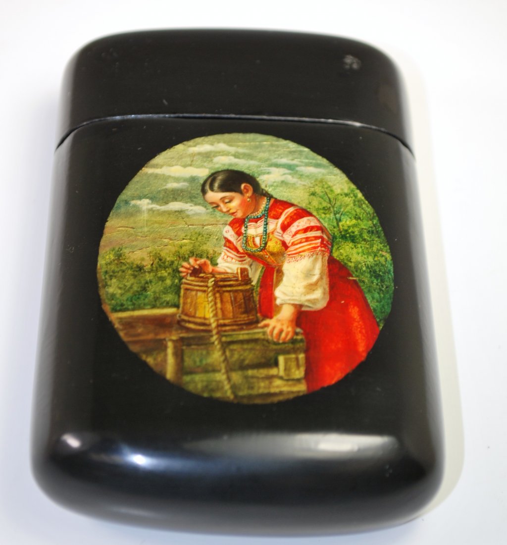 RUSSIAN ANTIQUE LAQUER CIGAR CASE: LAQUERED CIGAR CASE MARKED WITH SEAL INSIDE TOP. 5" X 3" X 1"