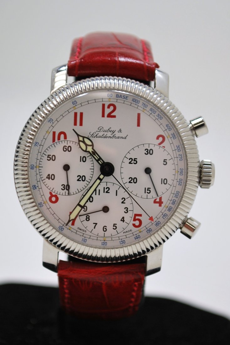 S/S DUBEY & SCHALDENBRAND CHRONOGRAPH: AUTOMATIC 3 REGISTER WHITE DIAL WITH RED HOUR MARKERS HAS NEW RED STRAP WITH ORIGINAL BUCKLE 41MM CASE WITH CROWN