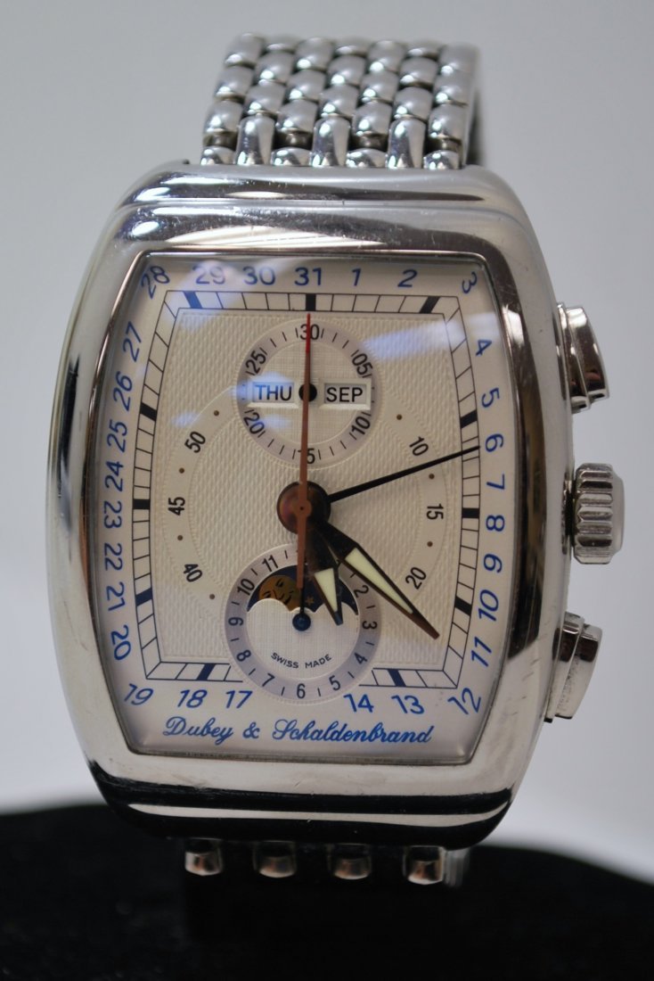 MENS S/S DUBEY & SCHALDENBRAND GRAND CHRONO ASTRO: AUTOMATIC TRIPLE DATE MOON PHASE FULL SIZE DOUBLER DEPLOYMENT BAND WHITE DIAL 41MM CASE WITH CROWN