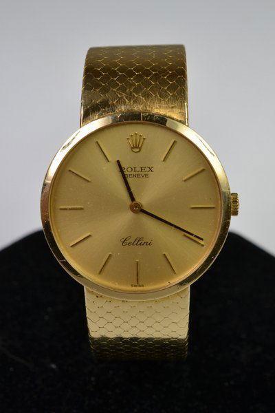 MENS 18KT Y.G. ROLEX CELLINI: MANUAL WIND FULL SIZE ORIGINAL BAND GOLD TONE DIAL THIN DRESS WATCH CIRCA 1970'S-80'S