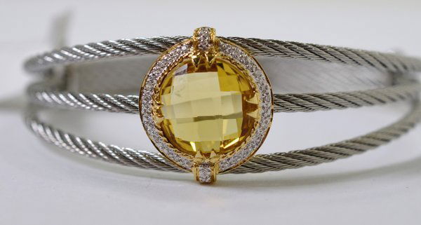 18KT/STERLING PHILIPPE CHARRIOL BANGLE: SET WITH YELLOW CITRINE AND APPROX. .33CT FACTORY DIAMONDS WILL FIT AVERAGE TO LARGER WRIST NEW