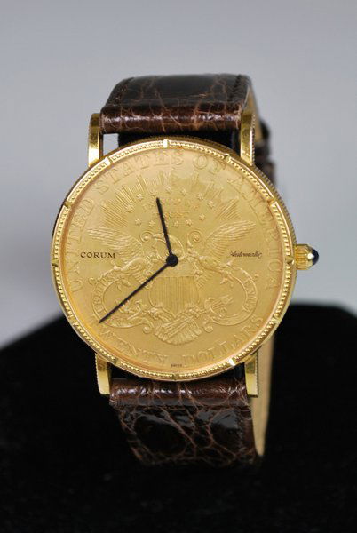 MENS CORUM $20 GOLD AUTOMATIC: LIBERTY COIN DATED 1888 ORIGINAL CROWN BEZEL SLIGHTLY FLUTED CASE 18KT