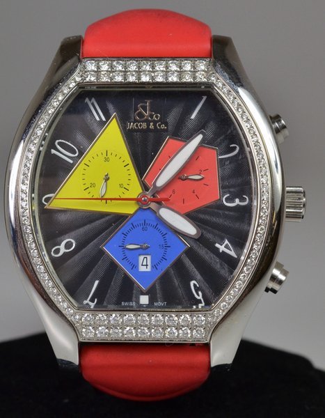 MENS S/S JACOB & CO. DIAMOND QUASAR B & P: CHRONOGRAPH FACTORY DIAMOND BEZEL 5 STRAPS QUICKSET DATE 52MM CASE WITH CROWN HAS BOX AND WARRANTY CARD