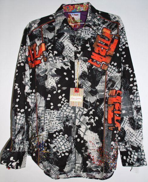 MENS ROBERT GRAHAM SHIRT NWT: SIZE XL NEW WITH TAGS ORIGINAL PRICE $199 BLACK WHITE AND ORANGE PRINT AND DESIGN