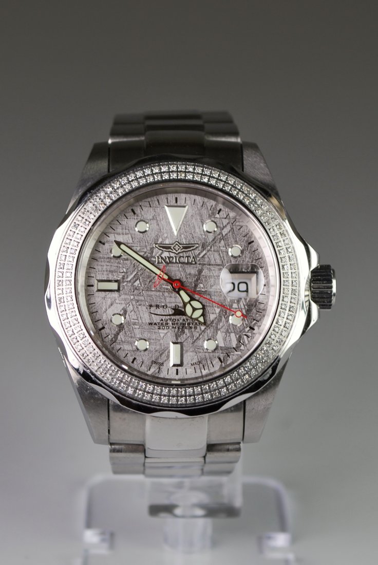 MENS S/S INVICTA PRO DIVER METEORITE #4509: AUTOMATIC SW200 SET WITH 1.25CT DIAMOND BEZEL QUICKSET DATE CASE 43MM 200 METER NEW LIST $2495.00