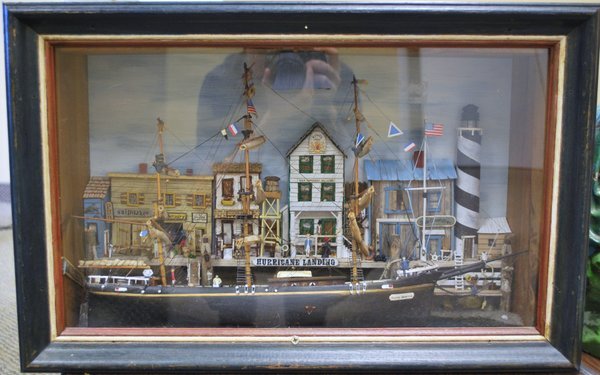 TURN OF CENTRY SHIPS SHADOWBOX: ELECTRIFIED SHADOWBOX FEATURING A DOCK SCENE. 23" X 14" X 7.5"