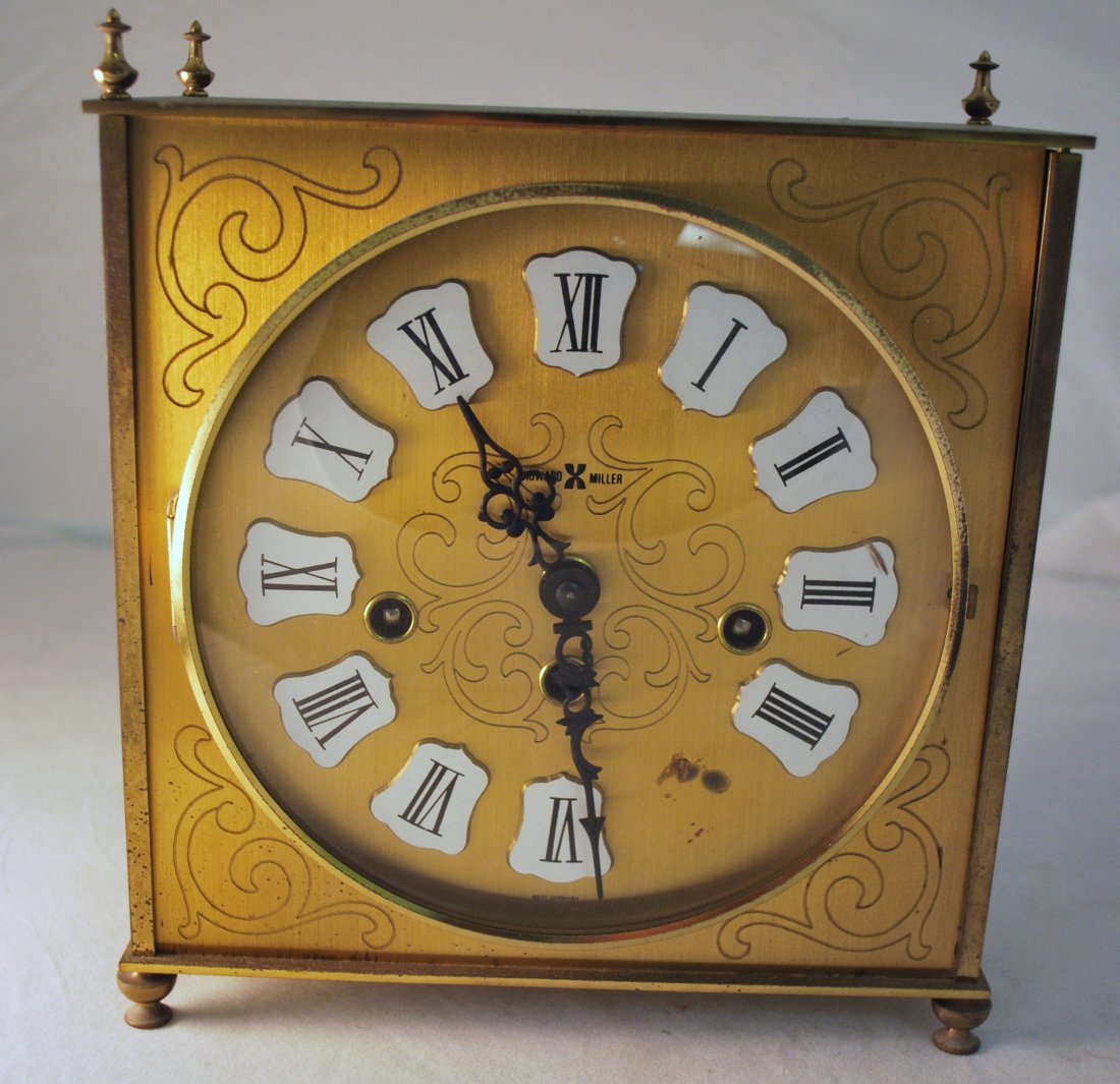 VINTAGE HOWARD MILLER MANTEL CLOCK: KEY WIND WESTMINSTER CHIME GOLD CASE APPROX. 9" TALL