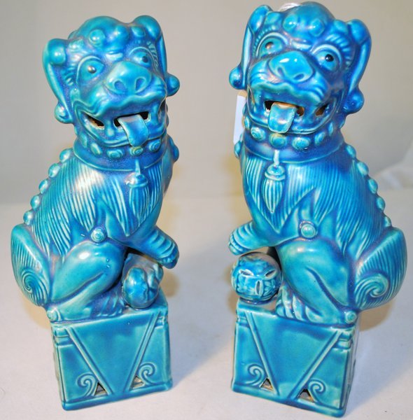 PAIR BLUE CERAMIC FOO DOGS: MADE IN JAPAN APPROX. 9.50" TALL
