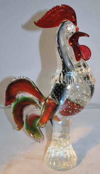 VINTAGE ART GLASS ROOSTER: RED AND GREEN ACCENT GLASS ROOSTER HEAVY GLASS 14" TALL