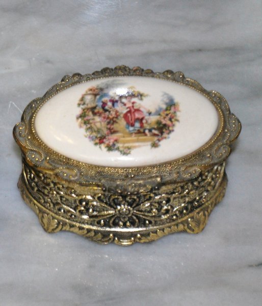 2PC LOT VINTAGE BOXES: 1 JEWELRY BOX WITH PORTRAIT BRASS AND SMALL SMALL PORCELAIN AND BRASS BOX MARKED JAPAN LARGE BOX 5" WIDE SMALL 3" WIDE