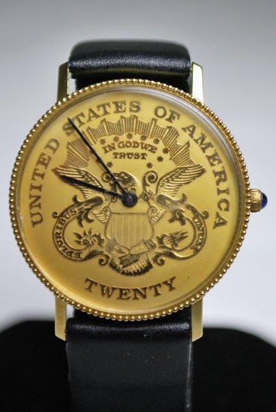 14KT Y.G. LUCIEN PICCARD COIN WATCH W/BOX: CIRCA 1970'S MANUAL WIND FLAT DRESS WATCH COMES WITH ORIGINAL BOXES 35MM CASE