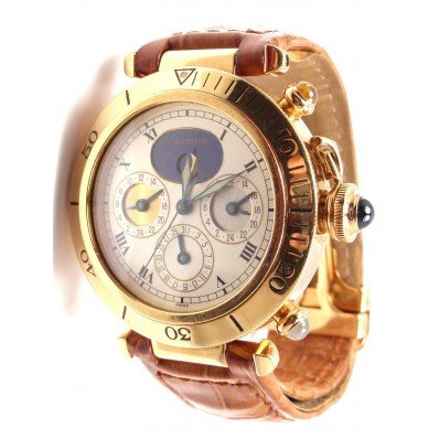 CARTIER PASHA THREE TIME ZONE MOONPHASE 18K GOLD WATCH (1 of 7)