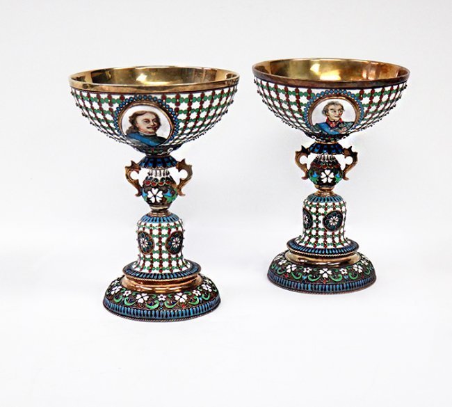 IMPERIAL RUSSIAN SILVER ENAMEL SHERBET CUPS W PORTRAIT (1 of 10)