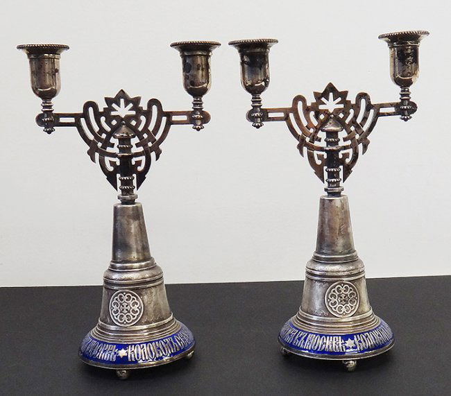 SAZIKOV ANTIQUE RUSSIAN PR SILVER ENAMEL CANDLE STICKS (1 of 5)