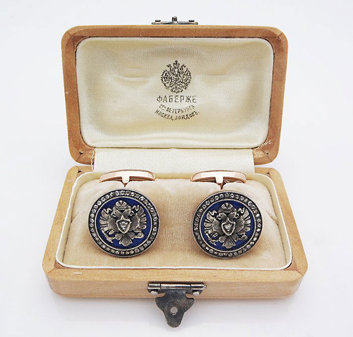 ANTIQUE RUSSIAN GOLD ENAMEL CUFFLINKS WITH DIAMONDS (1 of 6)