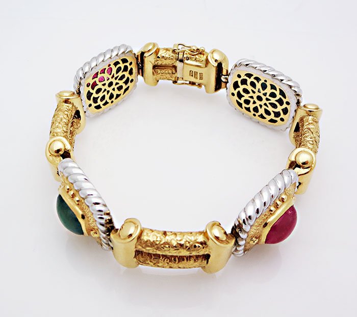 VINTAGE 18K GOLD EMERALD RUBY TORMALINE BRACELET (1 of 5)