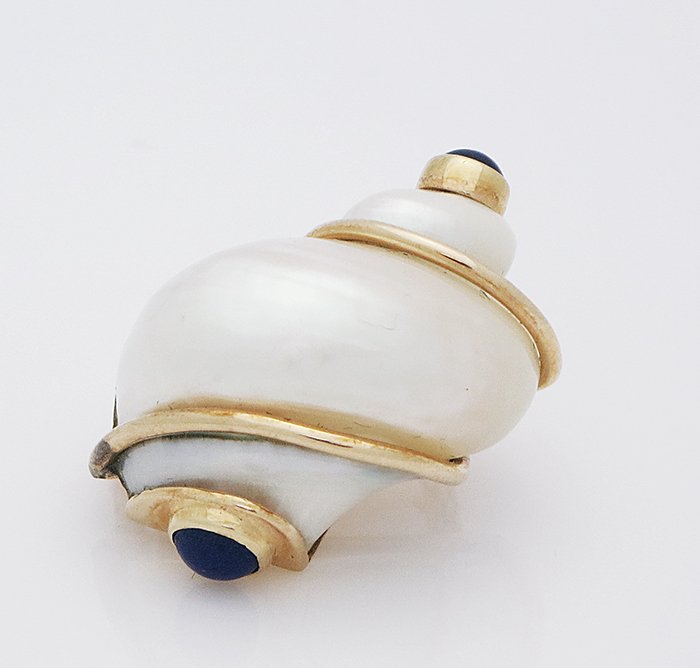 18K Seaman Schepps Shell Brooch Pin with Lapis. (1 of 4)
