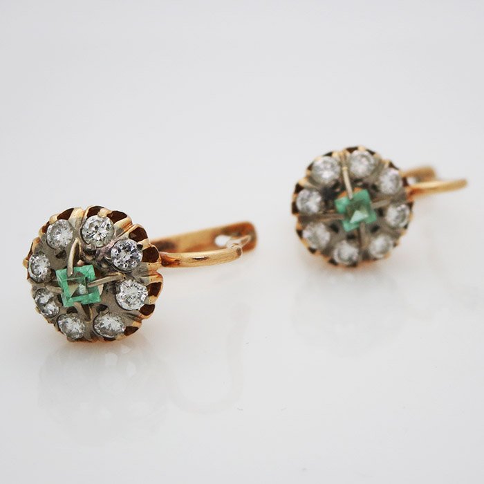 Russian 583 Yellow Gold Emerald & Diamond Earrings (1 of 4)