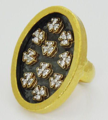 Gurhan 24K Gold Silver Diamond Imperial Clover Ring: Gurhan 24K Hammered Gold & Silver Imperial Clover Ring with 1TCW Diamond Size 6 Brand Name: Gurhan Precious Metal Type: 24K Yellow Gold & Silver Diamonds: 1TCW Item Weight: 26.5 grams Ring Size: 6 Rin
