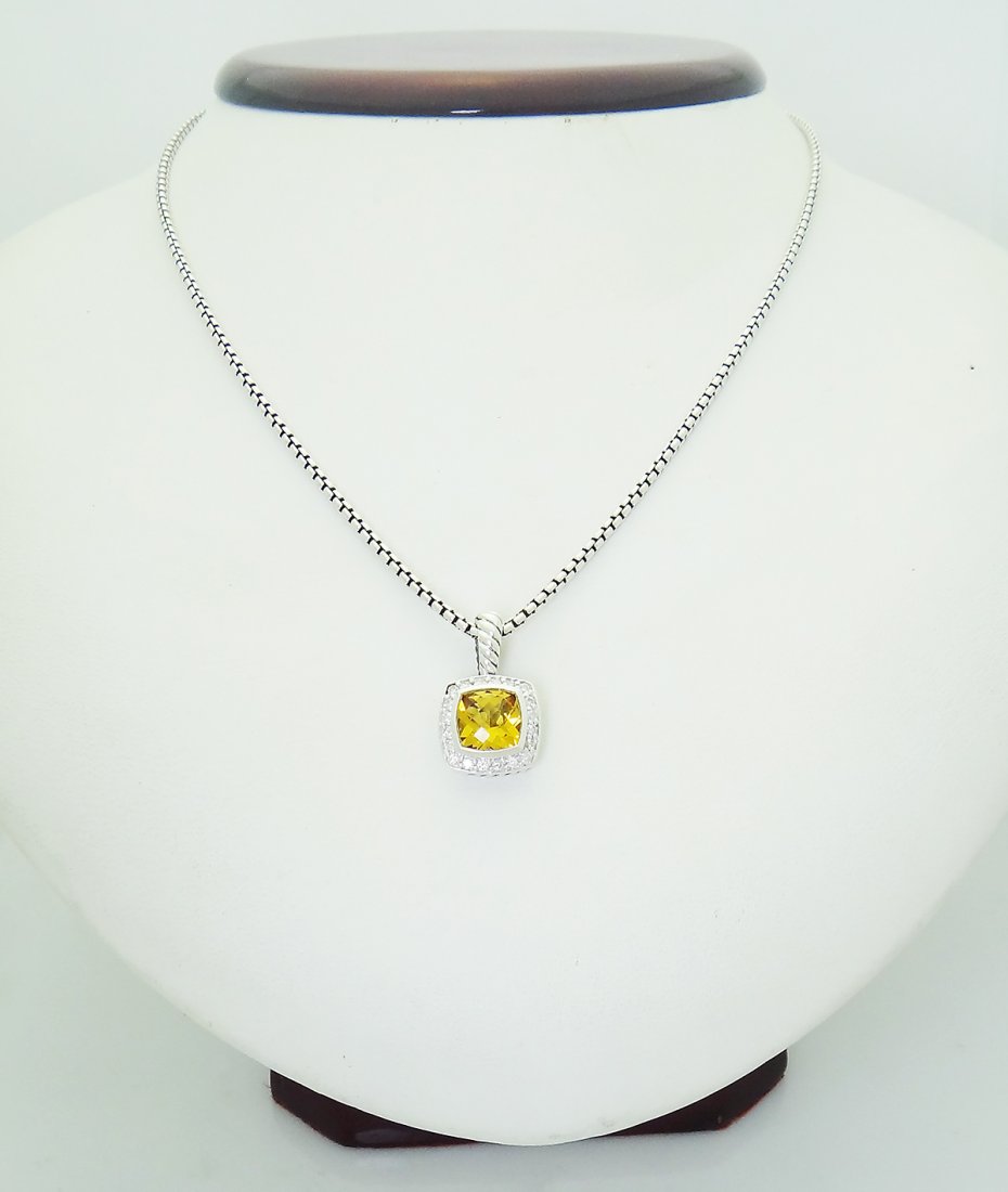 David Yurman Sterling Silver Albion Petite Citrine &: David Yurman Sterling Silver Albion Petite Citrine & Diamond Pendant Necklace Length: 16 inches Weight: 9.4 grams Citrine: 7mm x 7mm Pendant Measurements: 19mm x 11.4mm