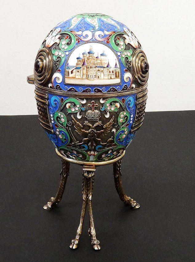 LARGE RUSSIAN SILVER ENAMEL EGG W/ MINIATURE BUILDINGS (1 of 8)