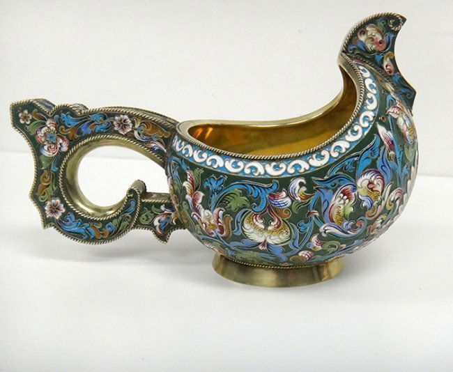 LARGE RUSSIAN IMPERIAL SILVER ENAMEL KOVSH (1 of 5)