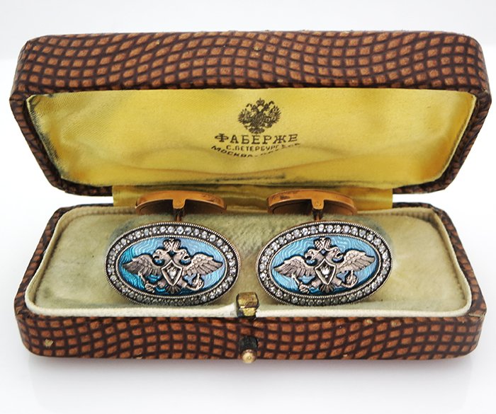 Russian Gold Diamonds Turq Guilloche Cufflinks (1 of 6)