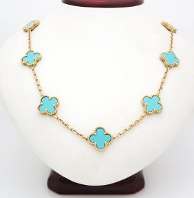 Van Cleef & Arpels 18K Turquoise Alhambra Necklace (1 of 9)