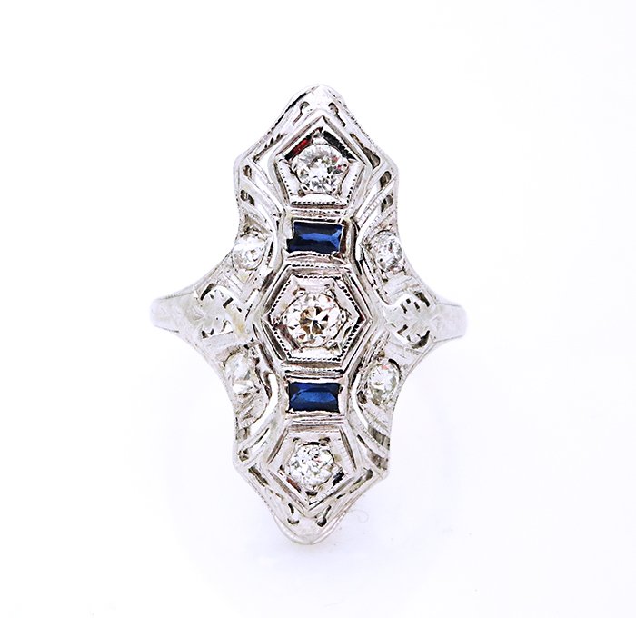 14K Gold Art Deco Ring Diamonds & 2 Sapphires . (1 of 4)