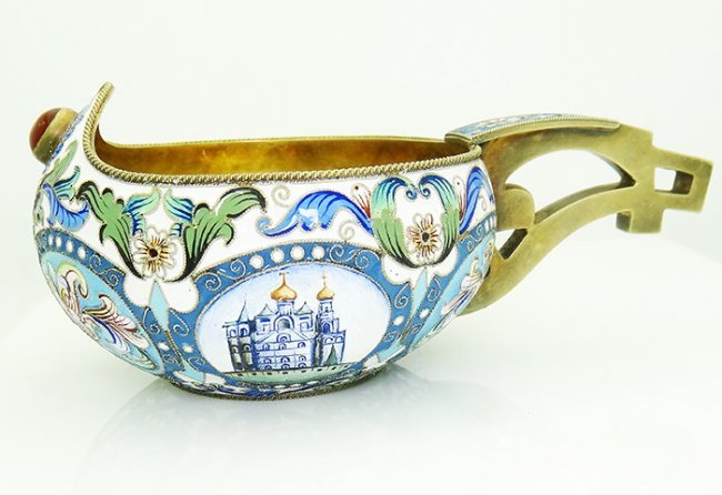 RUSSIAN IMPERIAL SILVER ENAMEL KOVSH WITH MINIATURE (1 of 5)