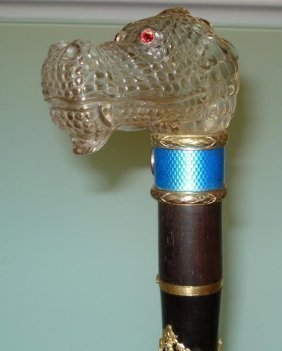 RUSSIAN SILVER ENAMEL CANE WITH HIPPO CRYSTAL HEAD (1 of 3)