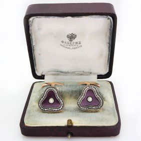 Rare Russian Silver Gold Diamond Guilloche Cufflinks (1 of 6)