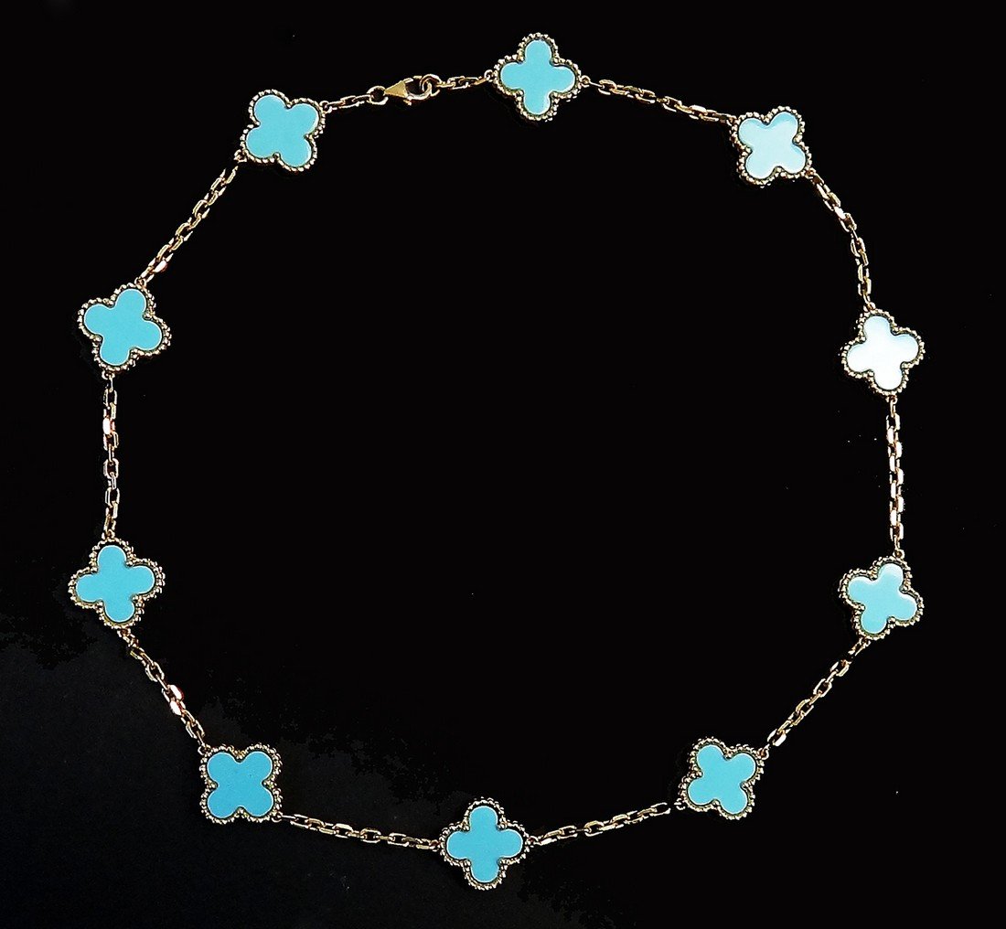 Van Cleef & Arpels 18K Gold Turquoise Alhambra Necklace (1 of 3)