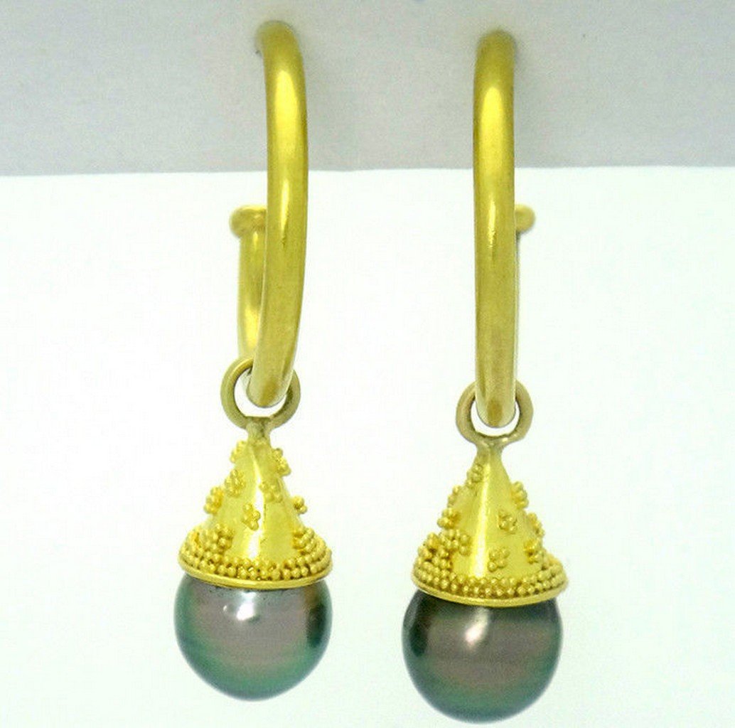 Regal 22k Gold Dangle Tahitian Pearl Open Hoop Earrings (1 of 10)