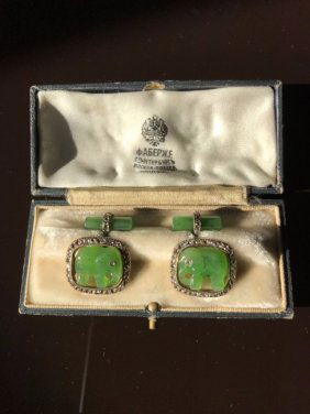 FABERGÉ GOLD, JADE AND DIAMOND CUFFLINKS (1 of 4)