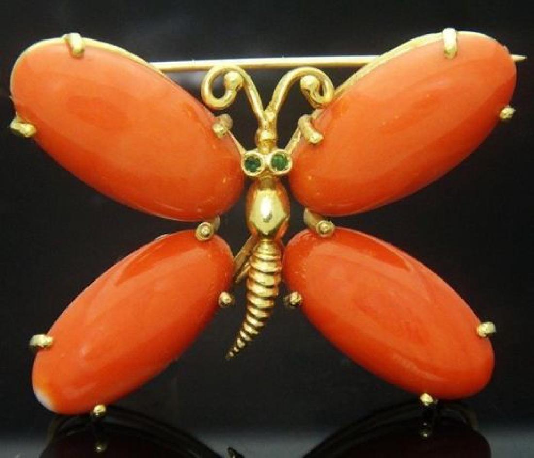18k Gold Coral Butterfly Brooch Pin Emerald Eyes (1 of 7)