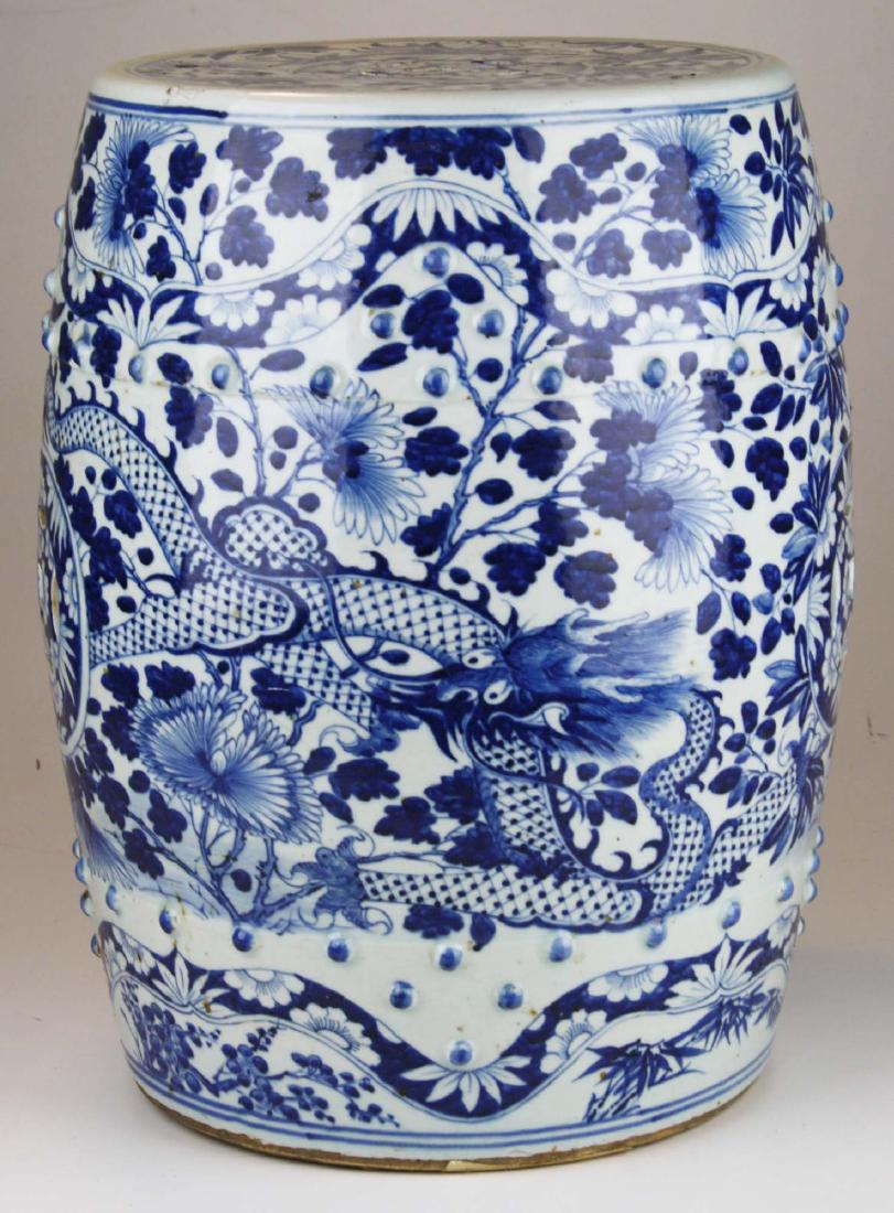 19th c Chinese blue and white porcelain garden seat.: 19th c Chinese blue and white porcelain garden seat with decorated scenes of dragons, flowers and vines. 18" high. Overall good condition.