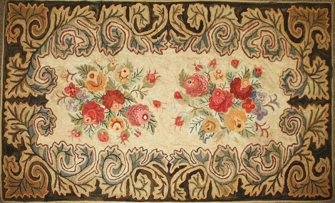 late 19th c floral hooked rug with leaf border (1 of 6)