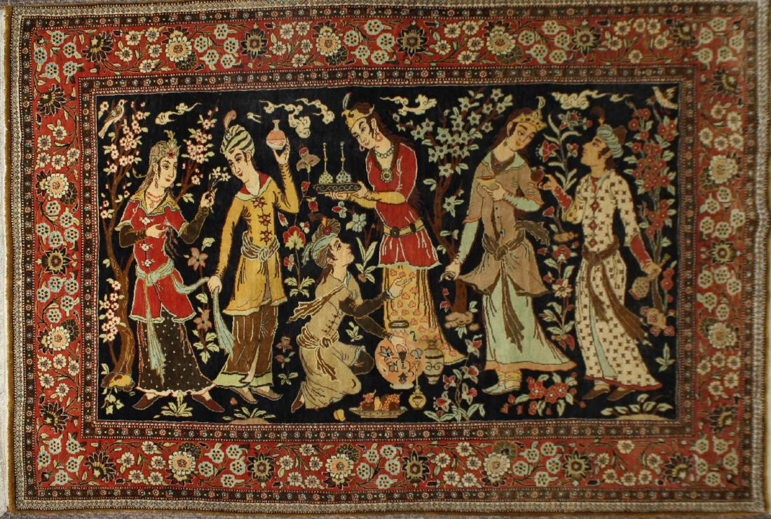 late 20th c Persian Isphahan pictorial rug w/ figures (1 of 3)