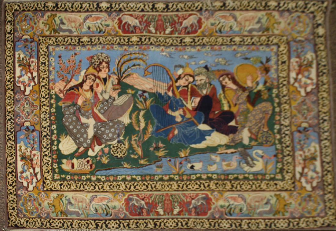 late 20th c Persian Isphahan pictorial rug w/ figures (1 of 3)