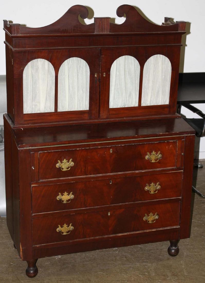 Sheraton Mahogany secretary: two part drop front secretary on turned legs 39"w x 58"h x15"d