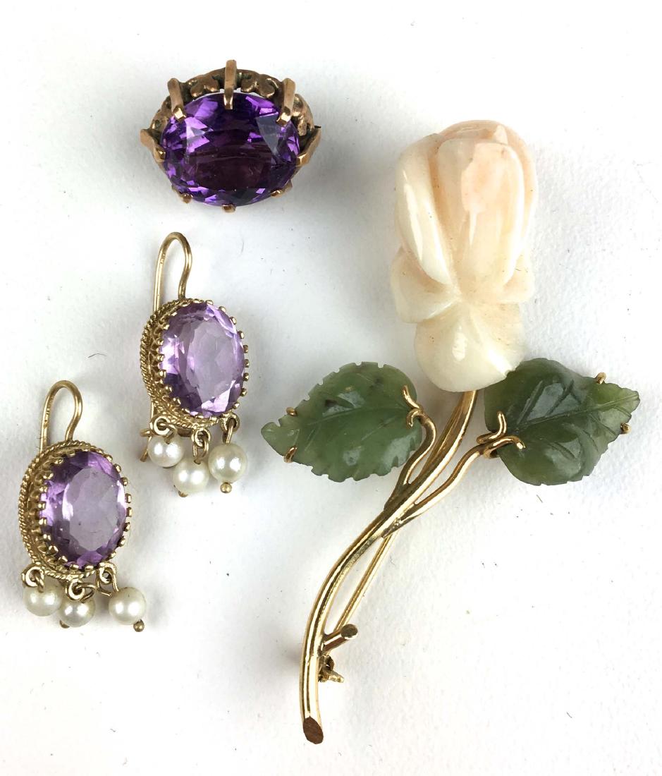 4 piece lot including 18k y.g carved white rose brooch, (1 of 2)
