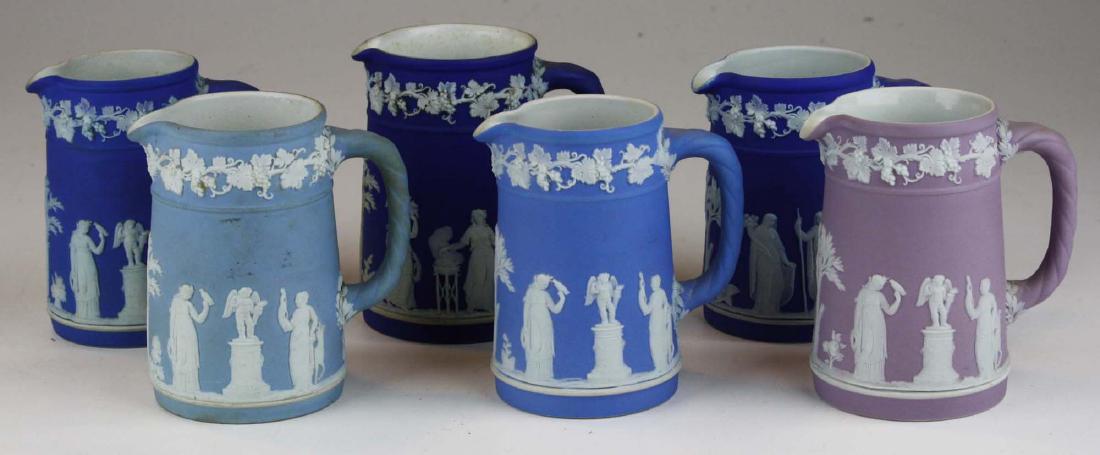 6 small Wedgwood Jasperware Trojan jug cream pitchers: in various dip colors incl. pale blue, cobalt blue, and lilac 3.75" x 4"