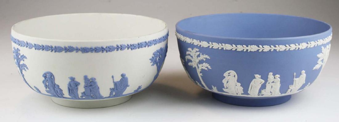 2 Wedgwood Jasperware Sacrifice serving or centerpiece: incl. pale blue on solid white, and white on solid blue each with acorn and oak leaf border over classical figures in 3.75" x 7.75"
